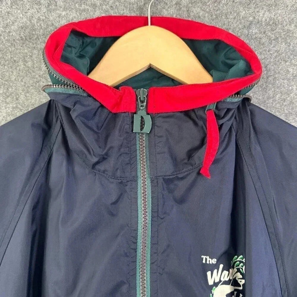 Vintage 90s Windbreaker Womens Medium Navy Packable Hood Cranberry Lightweight - Picture 4 of 16